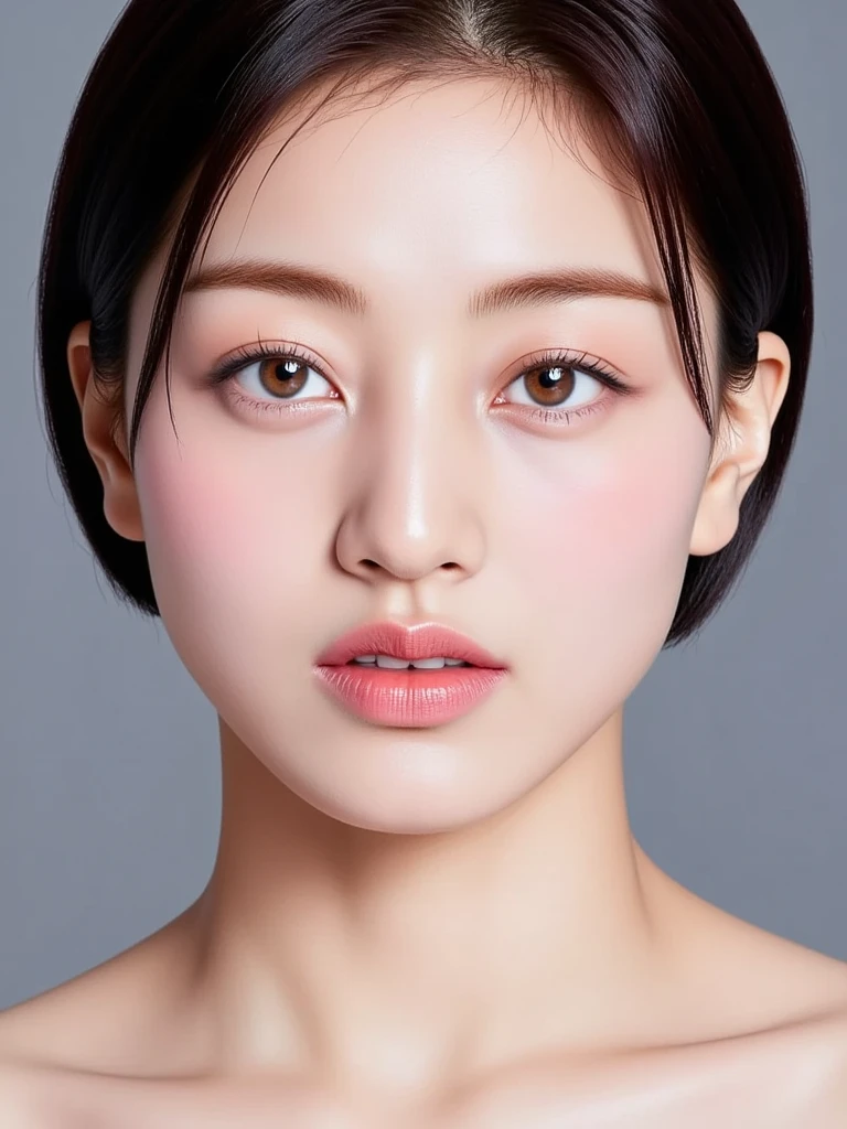 serious eyes、HD Images、4K、bright light、Upper Body Portrait、shows head to shoulders、The face showing the collarbone、The face is about half the size of the picture、short hair、pretty black hair、facing directly、Face facing straight without tilting、 Looking Seriously 、looks straight in the eye、Slightly looking up、Whitening、beautiful skin、Fair skin、white skin、青white skin、 slim、makeup、Sparkling、Shine、moisture、No clothes are shown in the photo、Does not show hands at all、No smile、