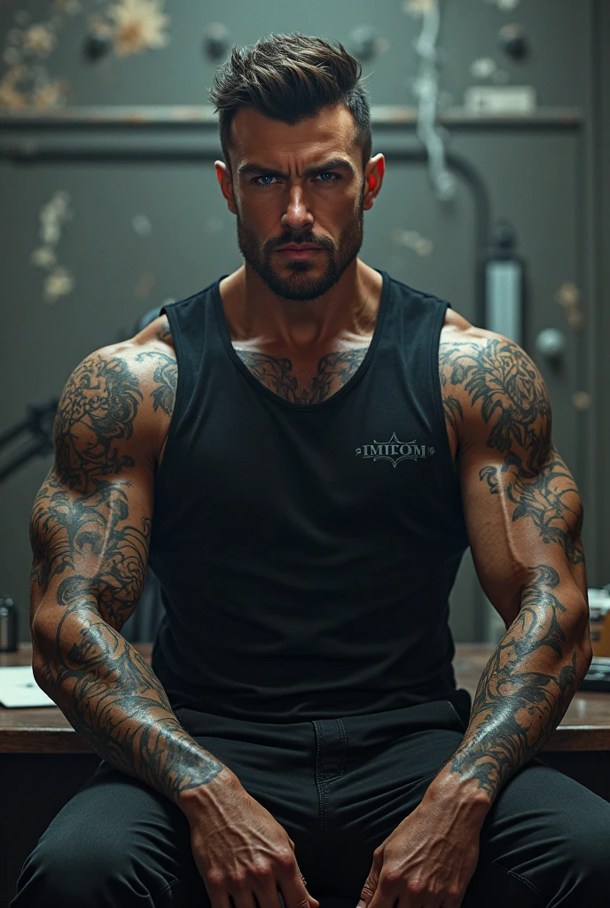 Masterpiece, best quality, handsome man, brown hair, gray shirt ripped, muscular, smirk, dominant male, realistic skin texture, realistic clothes texture, realistic hair, realistic, 8k resolution, muscular, big chest, big arms, tattooed arms, veiny, muscular chest, muscular arms, athlete