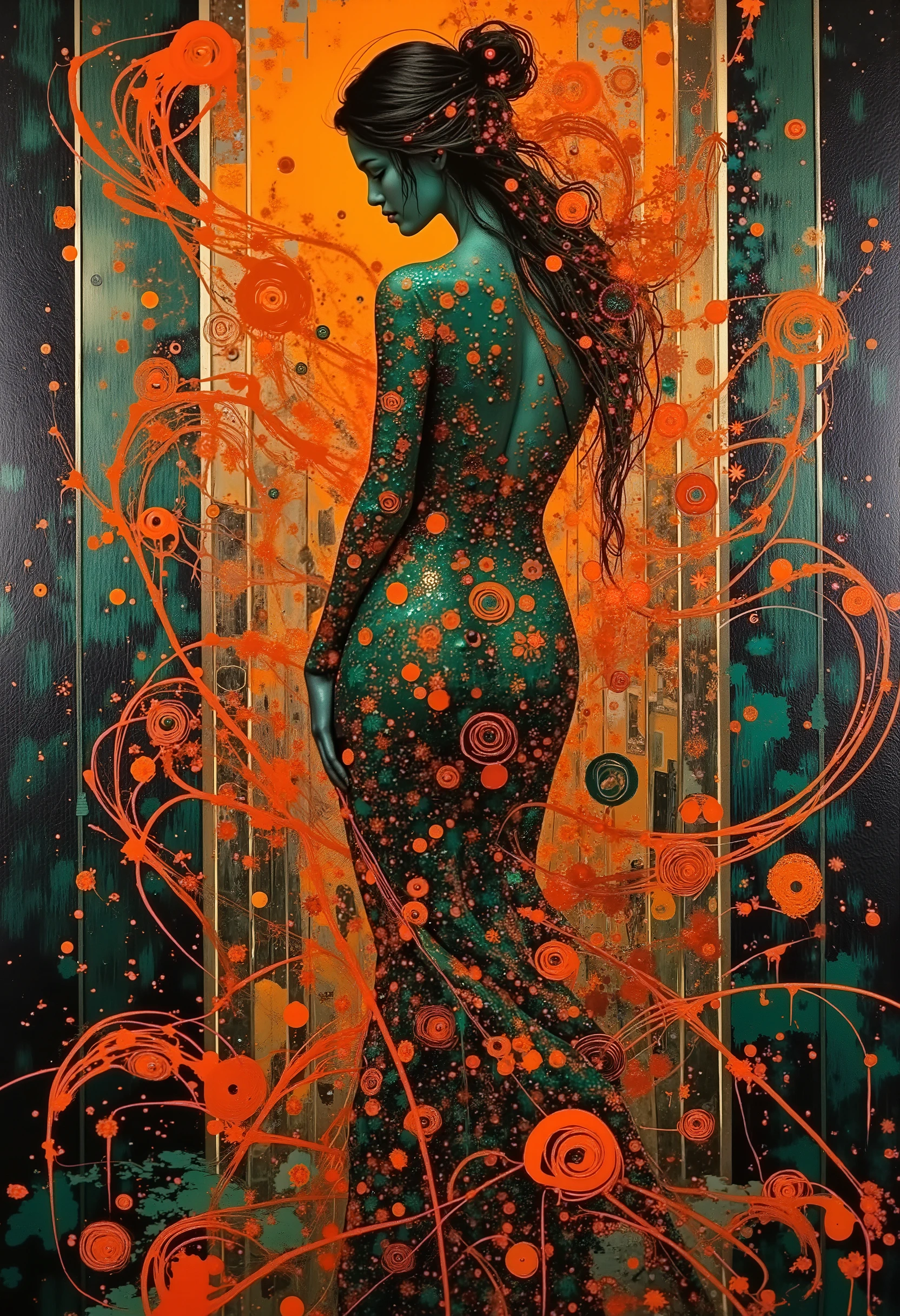 Multiple Exposure, An ancient woman, recolor,, multiple overlapping frames, Micheal Angelo figurine, oil painting,, acrylic paint, full picture , sexy girl, glowing lines of a woman standing (redhead), Blending with background motifs, sensual gestured glowing line of A beautiful woman with fluorescence colors shiny glossy rubber dress with shape luminous lines , ballet performance ,, Art Nouveau floral motifs overlapping onto the background blend and cover her dress, soft , moonlight mờ ảo tỏa sáng trên khuôn mặt cô ấy. vibrant, three-principle colors and intricate details. high contrast, HDR Jacket , 64 megapixel , sharp focus, cinema , Air , moody, x} with delicate spray textures, Zentangle , 3D shading,, silhouette, art deco, Modern classic, style inspired by Carne Griffiths and Wadim Kashin, Art Nouveau poster, recolor, Graffiti art style, acrylic paint, chiaroscuro, Drip paint, melt paint, moonlight, vertical expressive strokes fill the background, luminous lines , liquid melts and drips overlapping from the woman's body, uốn cong màu sắc chất lỏng tan chảy nhỏ giọt lên Air, , nền tối giản, emphasis on light and shadow and spatial perception, Rich negative space, front view, opposite viewer, look at the viewer, brunette , High resolution, masterpieces, precise anatomy, high detail, standard, zoom layer, Three-sided view column, Multiple views,