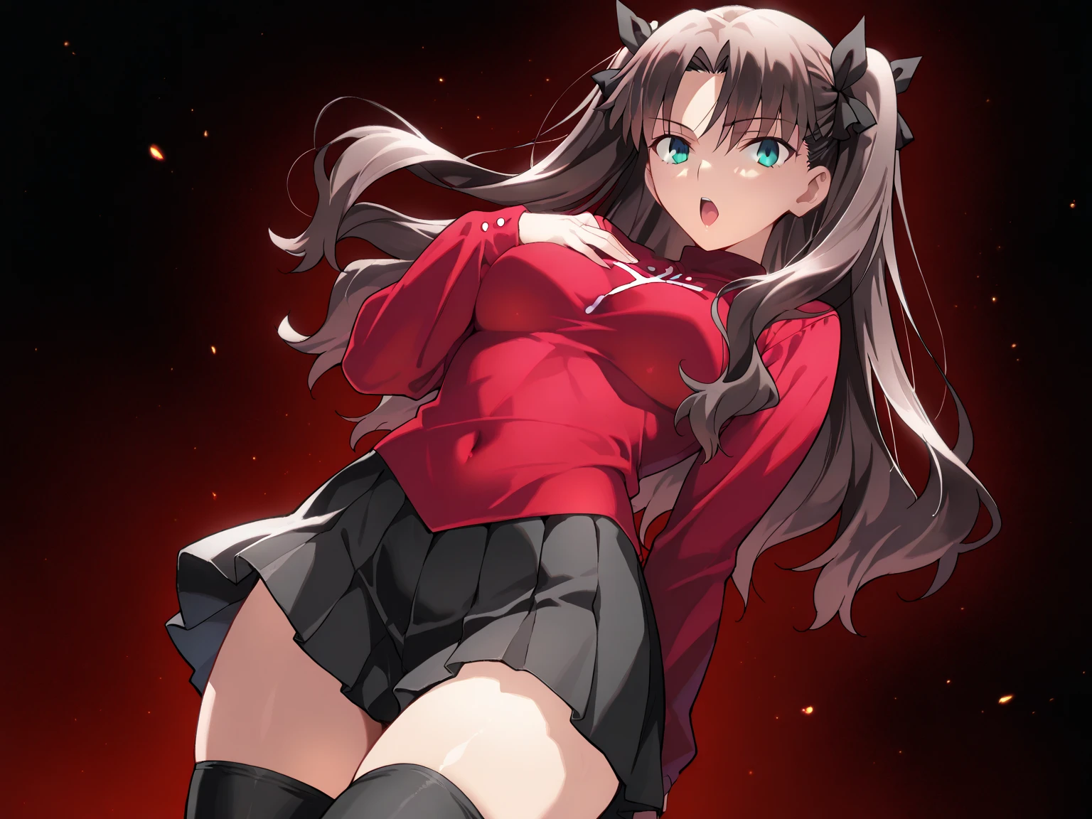 1girl, alone, rin tohsaka, aqua eyes, black hair, hair ribbon, long hair, ribbon, sidelocks, two side up, Chinese Dress, Masterpiece, Best Quality, 4K, full body,medium breasts, medium waist, wide hips, wide thighs, round butt, head on ,looking at viewer,pov (from below), perfect anatomy, perfect hands