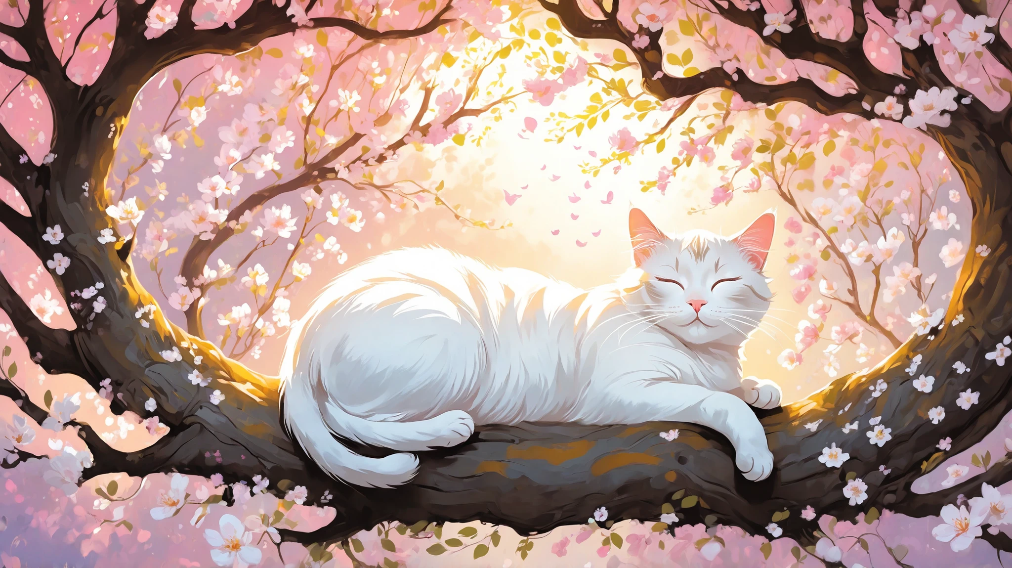 whimsical art style, dreamlike digital illustration, light fantasy, There is a illuminated  white cat that is sleeping in a tree, in a tree, spring, beautiful cat, sleeping cat, peaceful expression, sitting in a tree, peaceful and serene, cats and plants, beautiful nature, perched in a tree, happy cat, in a tree, blooming, a cute cat. A satisfied cat, with closed eyes and a serene expression, rests sweetly in the hollow of a tree. It is adorned with a delicate pink flower perched on its head, adding a charming touch to its peaceful demeanor. The tree is sturdy and textured, providing a cozy nook for the feline. Surrounding the tree, a variety of vibrant pink and white flowers create a picturesque setting, indicative of spring. The lighting is soft and gentle, casting a warm glow over the scene and highlighting the cheerful buds on the flowering branches. The overall atmosphere is tranquil and idyllic, evoking the essence of a perfect spring morning. The relaxed pose of the cat, with one paw lazily hanging over the edge of the hollow, enhances the sense of calm and contentment of the image.