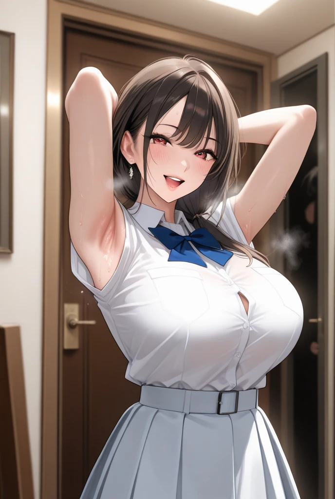 ((Tabletop, Highest quality, High resolution, Pixel Perfect, 4K, Browsing Caution)))、Office Lady、1 Girl, Beautiful woman、((Short Hair、Forehead、Split bangs、Brown Hair)), ((Brown eyes、Beautiful eyelashes, Realistic eyes)), ((Detailed face, blush:1.2)), ((Smooth texture:0.75, Realistic texture:0.65, Realistic:1.1, Anime CG Style))、((Huge breasts、Thick thighs)), Perfect body、Office room at night、Lying on the floor、((((:or、blush))))、((Sweat、Steam from armpits))、(Place your hands behind your head、Underarm)、((White Sleeveless Dress Shirt、Black Pencil Skirt))
