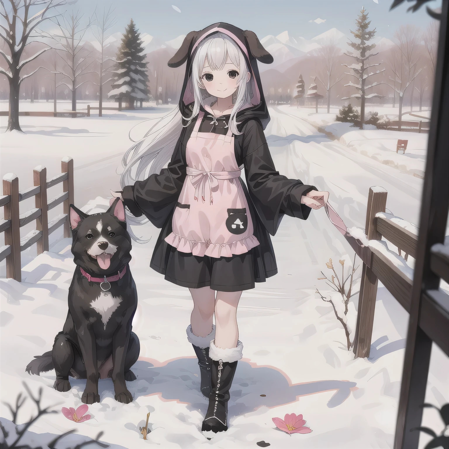 Cute anime style woman around 30 years old with white Hair, long Hair, (black Eyes:1.5), wearing a pink dog-themed kigurumi with floppy ears and paw mittens. She has a simple white apron over her outfit. She is smiling gently and standing in a snowy landscape. Surround her with dog-related items such as a bone, frisbee, and a dog food bowl. Behind her, blooming delicate serruria flowers in soft pink tones. The scene is colorful, fantasy-like, and warm despite the winter setting. Include fluffy details on her boots and hood, and give her a playful yet gentle aura.