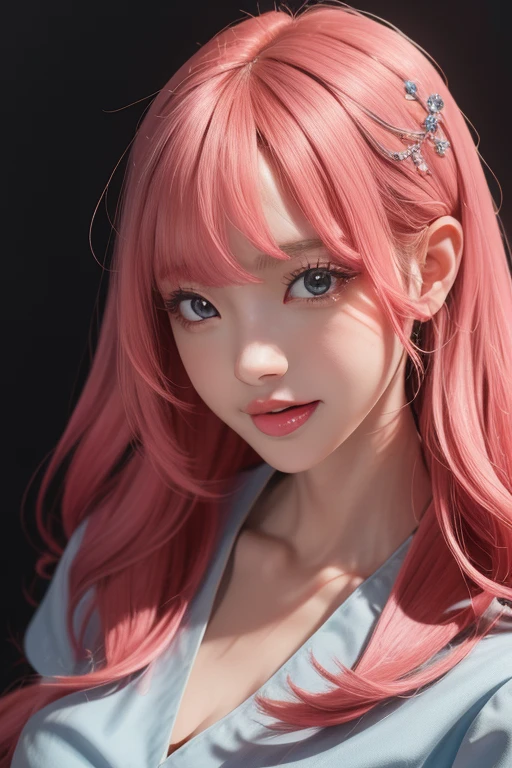 best quality, ultra high res, (photorealistic:1.4), (detailed beautiful girl:1.4), (medium breasts:0.8), looking_at_viewer, Detailed facial details, beautiful detailed eyes,pink hair, blue eyes, slender, haunting smile, (makeup:0.3), red lips, highly detailed clothes, (ulzzang-6500-v1.1:0.3)