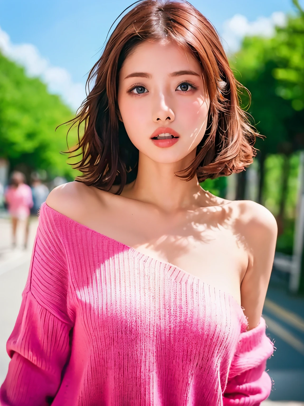 masterpiece, 最high quality, super details, Official Art, one girl on a break day, One-shoulder sweater,    pastel blue sweater   , brown hair, , outdoor、((nsfw,,8k,sex,photo quality,  RAW Photo ,high quality,live action pics,(anatomically normal body),masterpiece))