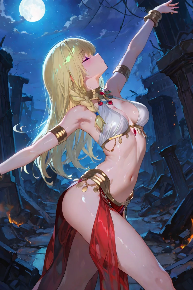 top-quality、Top image quality、masterpiece、girl with((18year old、Best Bust、big bast、Bust 85,beautiful golden eyes、Breasts wide open,Blonde long hair、A slender、Large valleys、Gold Bikini、Goldcloak,Reflecting the whole body、Open your arms、Gold ring on wrist、Shooting lightning from the hand))hiquality、Beautiful Art、Background with((nigh sky、black clouds、lightning bolt、Intense thunder、thunderbolt、Red thunder、Blue lightning strike、Gold Thunder)))masutepiece、visualart、depth of fields、sky at night