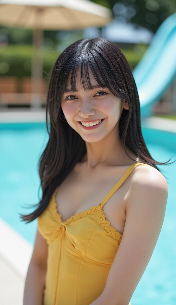  Highest quality, Live-action adaptation, Very detailed, In detail, High resolution, 8k wallpaper, Perfect dynamic composition, Beautiful attention to detail, Medium Hair,Huge boobs:2.0、Natural color lip, Bold sexy pose,smile,Harajuku、20-year-old girl、cute、sexy shot looking at camera、((Backward view、Side Shot、bikini、Embarrassed expression、Upward glance、blush))、In the pool、focused on the chest、