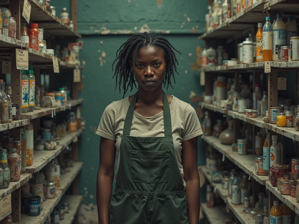 average 30 year old black woman, wearing basic and worn battered clothing, long hair pulled back in a messy ponytail, look of exhaustion, standing in a grocery store backroom