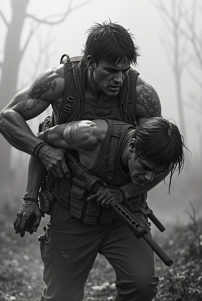 Rambo, Coming face to face with leatherface, Rambo with a knife in his hand stabbing him and leatherface with a chainsaw and covered in blood and guts on the ground