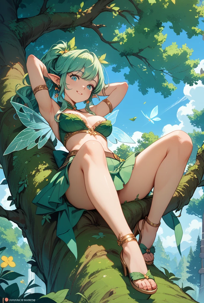 (masterpiece, best quality), beautiful girl,
tinker bell
green fariy outfit, lying, iridescent fairy wings, (detailed beautiful eyes) medium body shot, blonde hair, red ribbon, big breasts, cleveage, white panties, ultra detailed green eyes,
