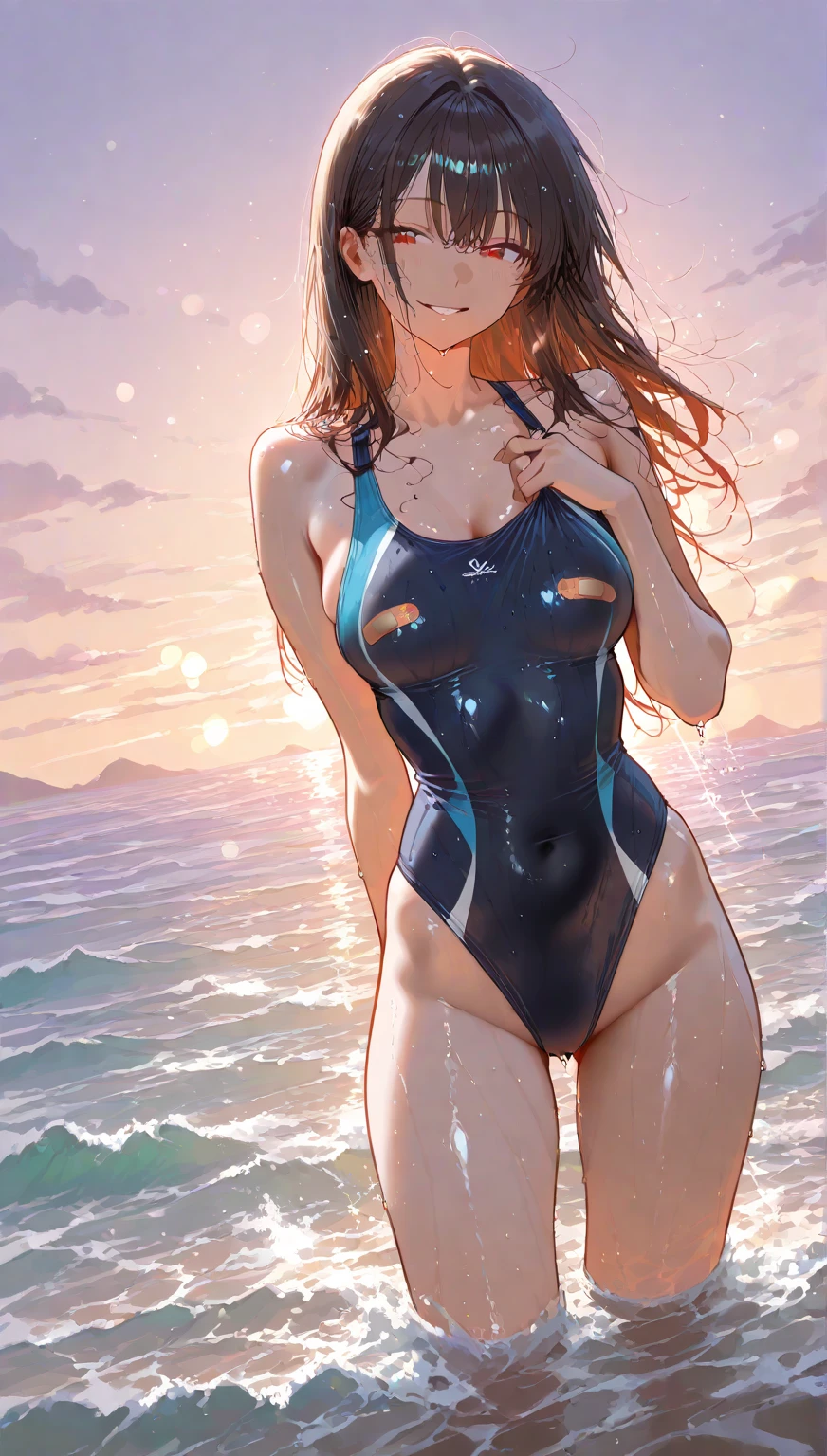 8K分辨率、Sophisticated features、face perfect、glistning skin、detaile、Latex_Sky blue bodysuit、Creamy white mucus body、Wrap the whole body、Transparent liquid texture、A sexy、Colossal tits、Upright_straddle、sunset sunset、Side view of the beach