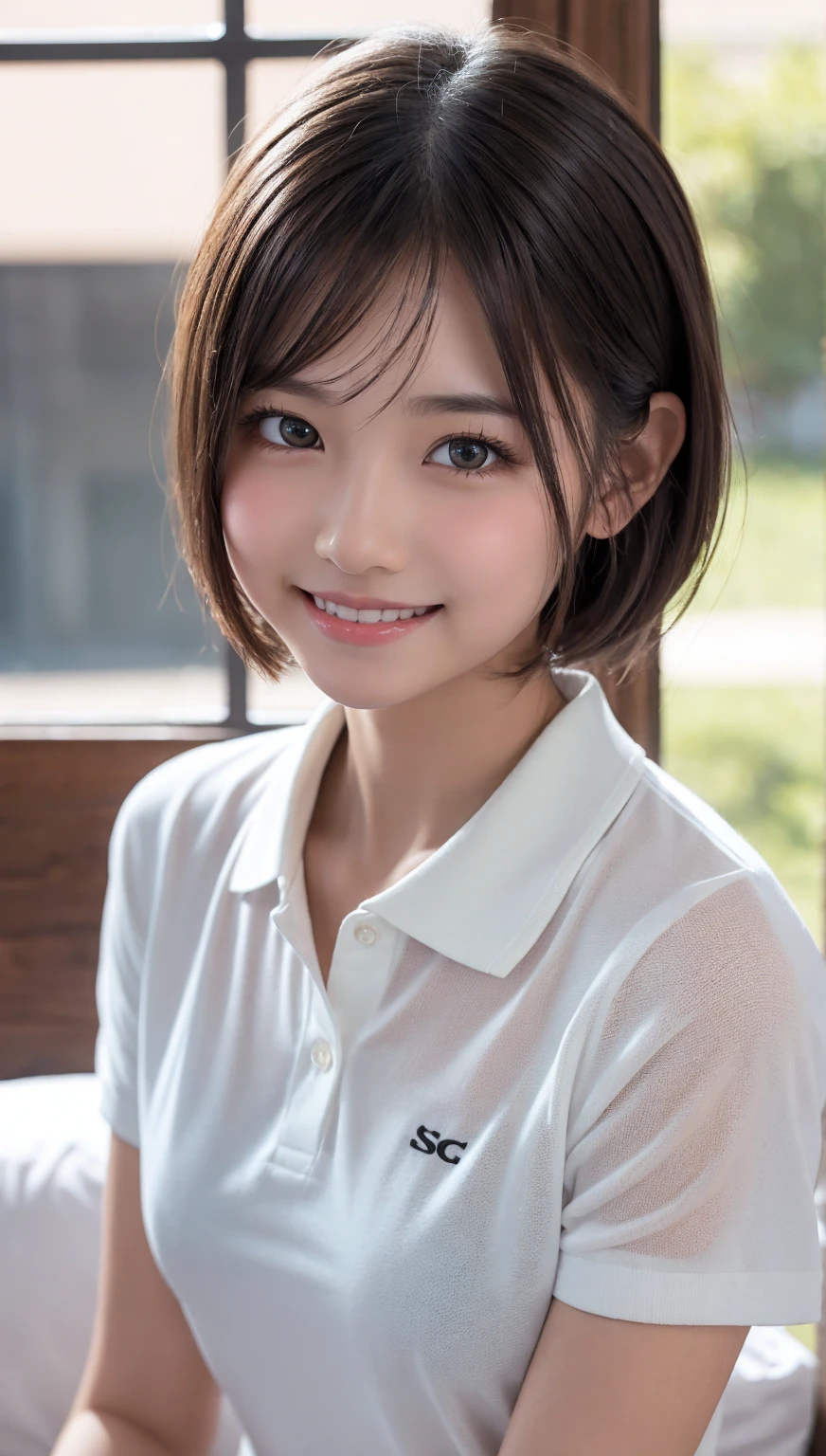 high school girl,shirt,short hair,Bangs Patsun,piece,smile,indoor,ultra high resolution,cute,Japanese,beautiful woman,realistic skin,less exposure,big breasts