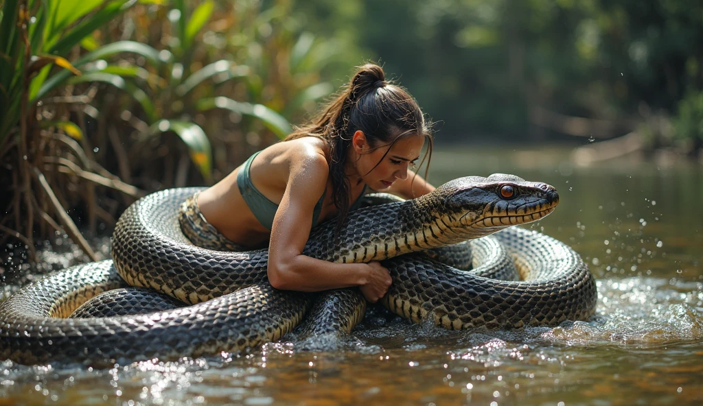 Nude aroused horny beautiful happy Brazilian   teen girl  vs  Giant black anaconda    monster wrapped around her body squeezing her in coiled embrace cuddling and kissing  sexual erotic bestiality  sex  realistic in the rainforest full body, best quality wet 