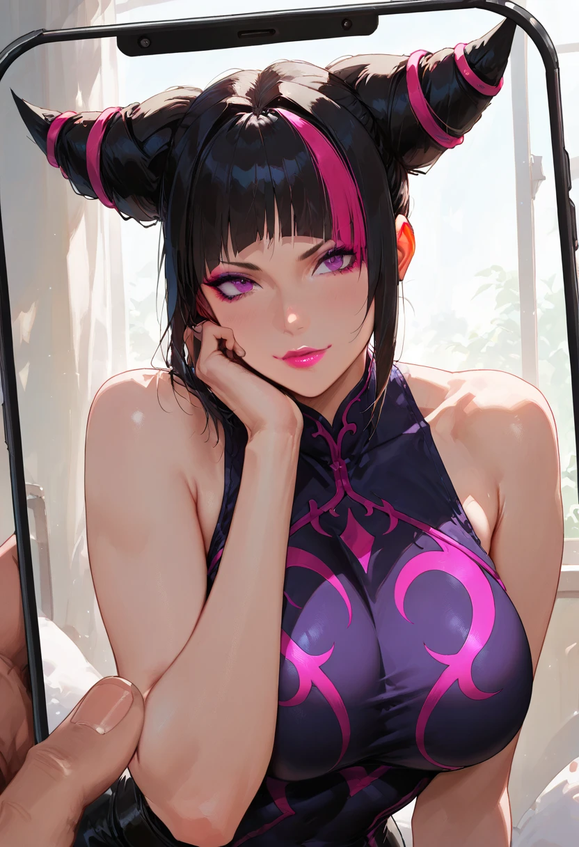 Beautiful young girl with two buns in her hair, Putting finger on lip, facial focus, embarrassing, black eyes, full breasts, beautiful, cute, and desirable, anime style --auto --s2