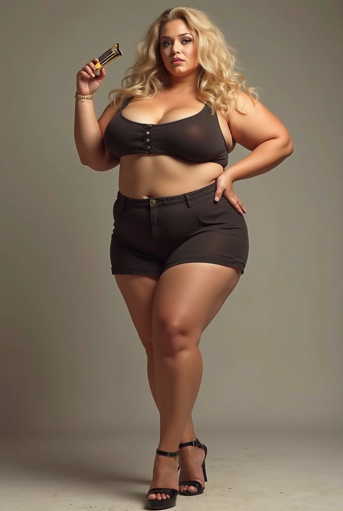 Beautiful mature Caucasian woman standing proudly and dominantly in a miniskirt, With thick, big thighs, blonde , With round breasts and a thin waist