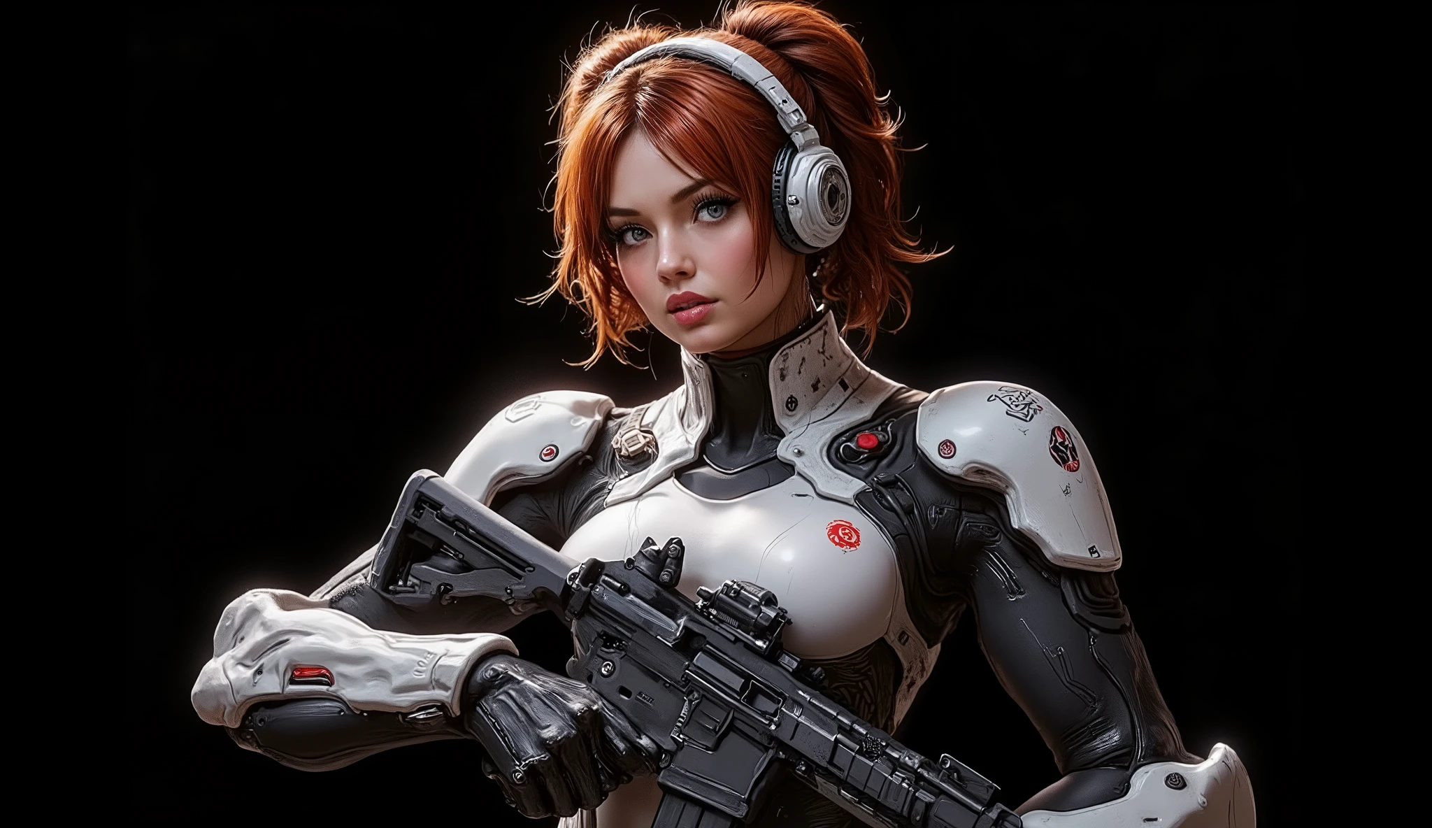 Side shot of the bust from head to chest of a 20 year old woman, high quality, 4k, she is a futuristic space marine, cinematic fiction, Close-up of the face framed, side frontal, very pretty, freckled, orange-redhead with very long hair and two buns one on each side of the head, her hair falls on her small breasts and reaches her waist. White tactical headphones with built-in microphone, her wavy and messy hair falls on her small breasts, disheveled hair. Tiny chest, very small chest, bangs, highly detailed layered hair. Highly detailed gray eyes, sensual thick lips, angry, murderous expression on her face, wet pink lips, long eyelashes. Perfect face. Futuristic advanced heavy combat bio suite in white and gray colors. Advanced heavy mech combat suite with the emblem of her assault unit on the shoulder. Tactical armored forearms. Torso with extra tactical armor, shaped legs with additional armor. Black metallic tactical gloves. In her hands, she holds an AR15 assault machine gun with an advanced x4 reflex sight with a laser sight and a futuristic silencer. She stares at the camera with a murderous expression. A very dynamic and aggressive pose. Pure black image background, ideal for wallpaper. A space girl in sexy, dangerous, and warrior mech armor.