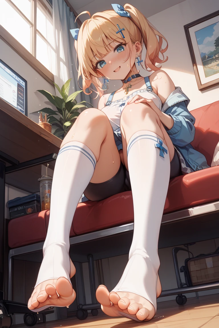 (8K, Highest quality, Highest quality, masterpiece), sit on the floor, (denim hot shorts 1:2), (mini shorts 1:2), big breasts, ((spread legs 1:2)), (open shorts), (pussy_peek), nm1, headphones around neck, long sleeves, blue cardigan, (fullbody), smile, school uniform, open jacket