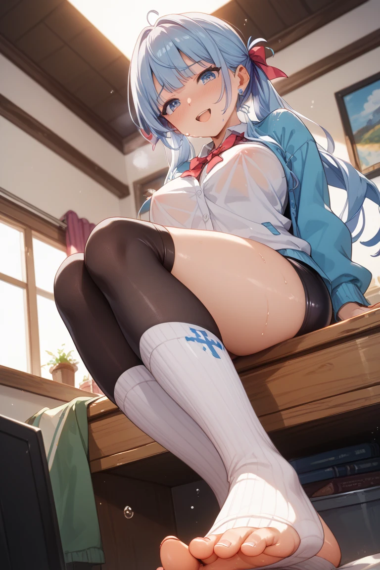 A girl with long white hair,blue stripe dye,White T-shirt,Light blue eyes,Briefs,belly button,floor,spread legs,stockings