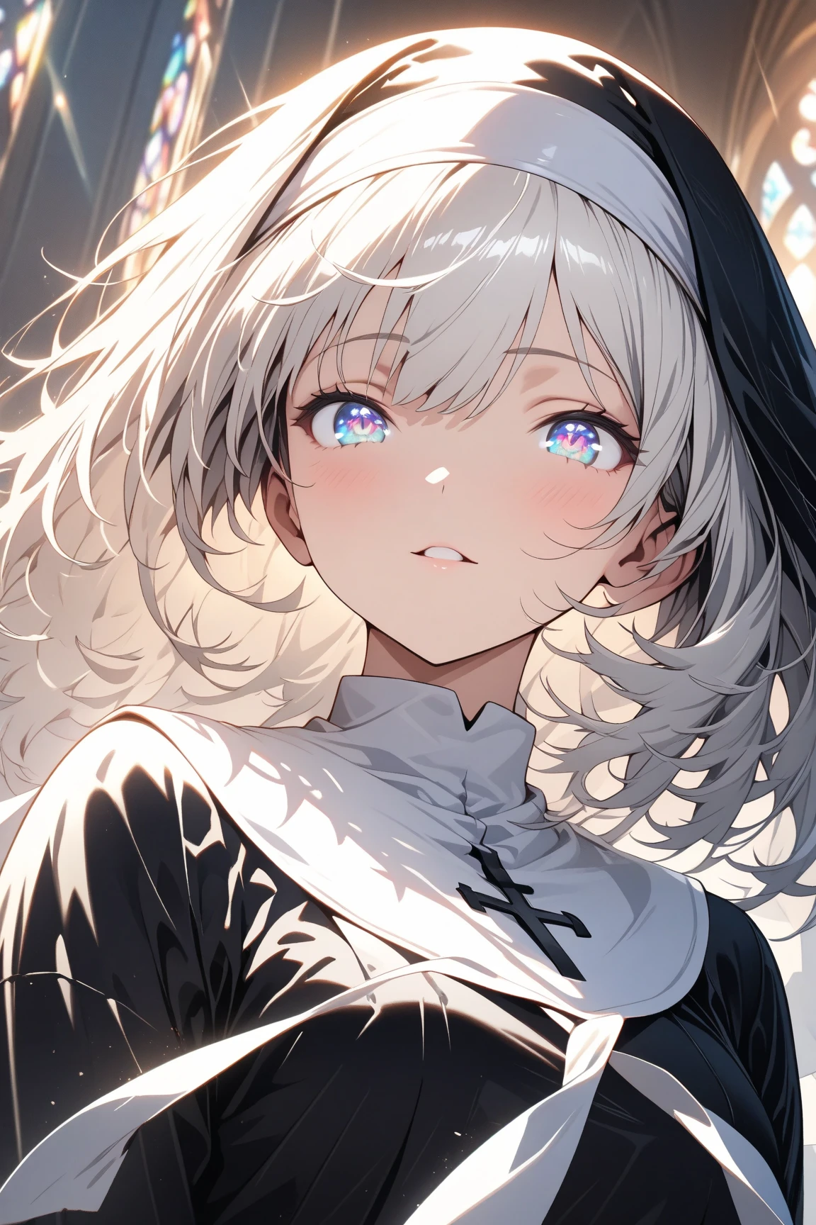 (((One Woman)))、A 100-year-old woman with white hair, black eyes and an aquiline nose、Wearing a hood、look here、Bust up shot、Fantasy、In front of a white wall