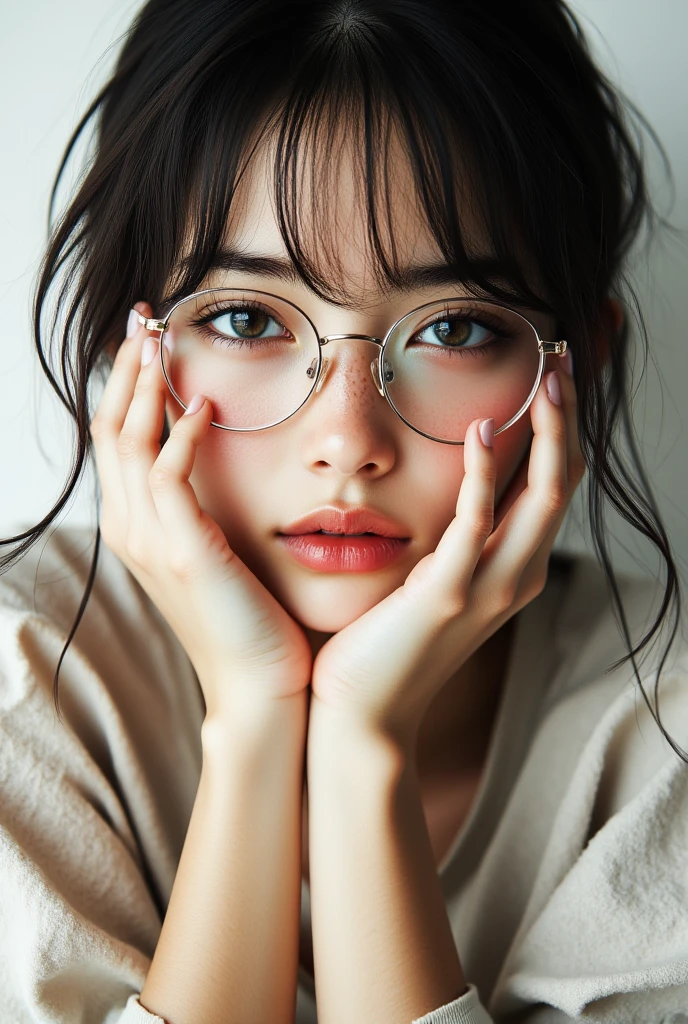 ((Highest Quality、masterpiece、high sensitivity、high definition、detailed depiction、depicting a delicate face、Fvalue:6.0),((Slender Woman、wearing glasses)),Crush your cheeks with both hands、