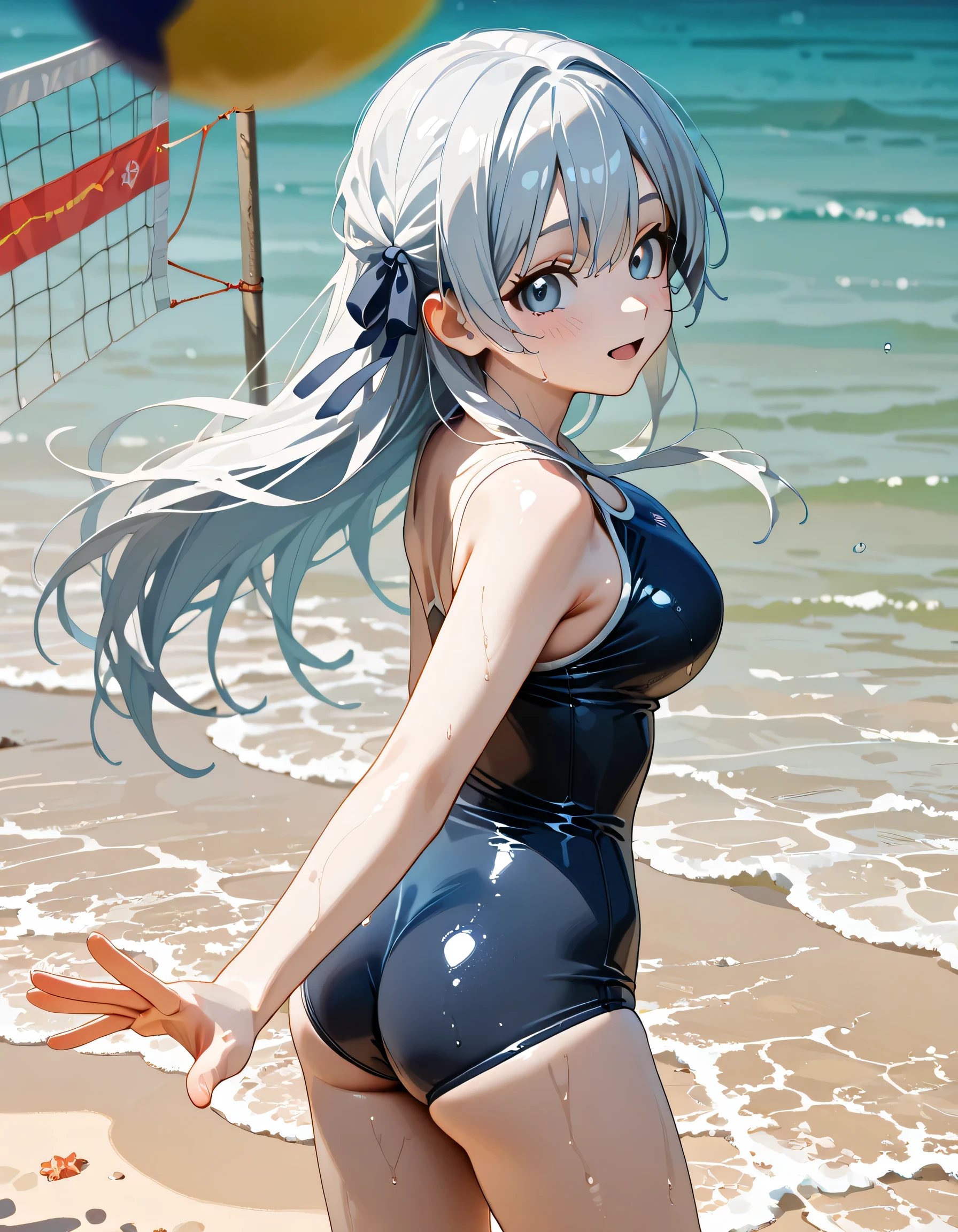 (ultra-detailed)), (highly detailed CG illustration), (best quality:1.2), ultra-highly detailed, colorful composition, artistic photoshoot, 1girl, solo focus, thigh to top, cowboy shot, moe anime character, girl, dainty facial structure, baby face, round face, rounded chin:1.2, ideal ratio body proportions, lora:volleyball-spike-ponyxl-lora-nochekaiser:1, celia-default, celia claire, blue eyes, sparkle eyes, sagging eyes, long silver hair:1.2, half updo, hair ribbon with black, ample breasts, navy blue school swimsuit, smile:1.2, blush:1.3, jumping high into the air as she prepares to deliver a powerful spike. The dynamic motion and tension in her muscles are vividly captured. (Volleyball spike:1.4), balls, (jumping:1.6), junp high:1.3, object, bouncing breasts:1.2, (beach volleyball:1.3), volleyball net, (in the beach:1.3), raise your arms:1.3, look up, from behind:1.3, (dynamic pose:1.6), contrapposto pose, flowing hair:1.2, best quality, expecting, pink cheek, blush, light pink gloss slip, portrait, depth of field, sunshine, backlight, shine, lighting, caustics, ray tracing, perfect face, lustrous skin, highly detailed face, highly detailed eyes, perfect face, perfect nose, perfect hair, perfect eyes, perfect anatomy, beautiful hair, beautiful small face, extremely detailed face, beautiful detailed eyes, beautiful clavicle, beautiful body, beautiful ample breasts, leavage, breasts squeezed together, equalize the size of the left and right breasts, beautiful thin thighs, beautiful legs, beautiful fingers, 4 fingers, 1 thumb, lovely, (very detailed background:1.0), (highly detailed background:1.0), summer aesthetic, intricate details, summer beach atmosphere, summer colors palette, chromatic aberration