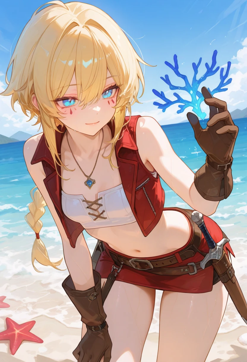 (loli:1.6), bikni armor, arena, gladiator, tridant, chains, angel wings, face scar, gladiator, metal mask for helmet, very long hair, blonde scars on body, cowboyshot, exposed belly, cape, half naked, outdoors gladiator arena, scars, scar, wrist cuffs, wings angelic wings