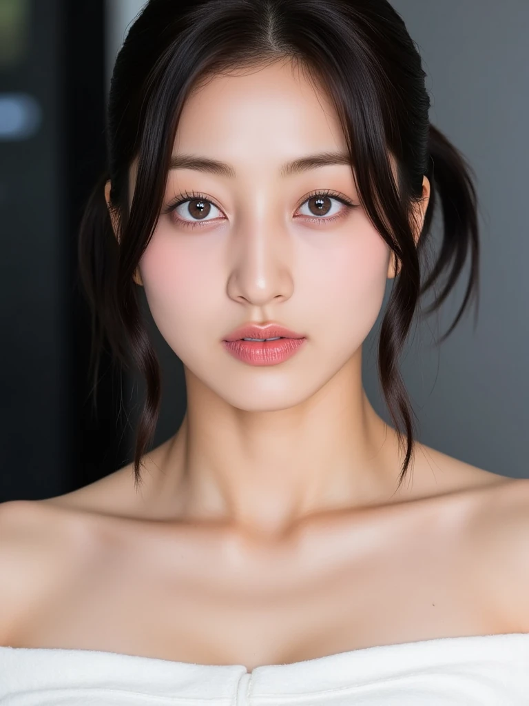 serious eyes、HD Images、4K、bright light、Upper Body Portrait、Head visible from shoulders、Face with collarbone visible、The picture is about half the size、short hair、beautiful dark hair、face the front、facing the front without tilting your face、 Looking serious 、Looking straight into the eyes、Tilted slightly upwards、Whitening、beautiful skin、Fair skin、white skin、青white skin、 slim、makeup、Shine、Shine、moisture、No clothing in the photo、Hands not visible、No smiles、