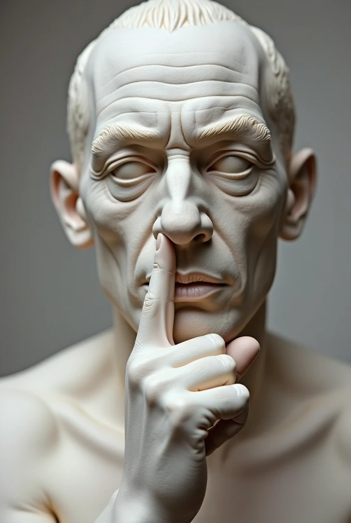 a close up of a sculpture of a person with a finger on his lips, give your mouth, don't speak badly, with the finger pointing, silence, hand on the cheek, sculpture, thinker, clay sculpture, funny sculpture, sculptor, Mauricio Cattelan, solemn gesture, hypperrealistic 3 d sculpture, by David Begbie, dramatic work of art, by Thierry Bisch