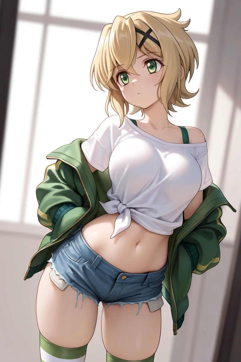 young girl, short blonde hair, turquoise eyes, Smile, cat ears, Black Top, black shorts, green jacket, open belly, zipper, Masterpiece, hiquality, 4k, HD, Good detail