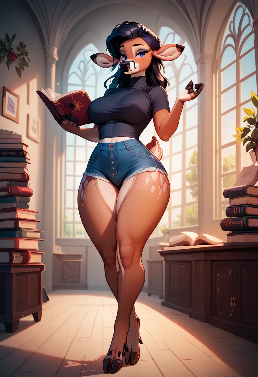 score_9, score_8_up, score_7_up, score_6_up, uncensored, olgamarie, yellow eyes, white hair, long hair, side braid, BREAK, best quality, high resolution, (detailed eyes:1.3), perfect lighting, (perfect hands, perfect anatomy), 1girl, solo, breasts, looking at viewer, large breasts, huge breasts, full body, thighs, boots, groin, book, thigh gap, gem, floating, wide hips, open book, magic, floating object, bare hips, messy room, paper, spotlight, (fantasy illustration:1.3), depth of field, cropped hoodie, black bikini, long sleeves, floating book, hollow eyes, smirk, HDR, 4k, realistic,