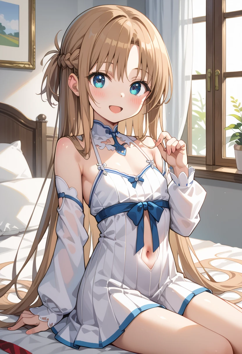 nsfw, masterpiece, 4k, high definition, high quality, best quality, ultra detailed, detailed beautiful eyes, detailed beautiful face, beautiful detailed hands, beautiful detailed legs, photorealistic, magnifique view, 2D, (cute, kawaii:1.2), captivating animated illustration depiction, perspective, (digital art, fantasy: 1.2) BREAK 1 girl, solo, spread legs, white hair ribbon, (smile, blush:1.2), BREAK Wearing a kawaii fashion outfit, outfit features a (unbuttoned blouse: 1.2) with blue lace trim and a large bow at the collar, (no bra, show nipples, exposed breasts, exposed nipples, areola, Exposed Back: 1.2), BREAK The Blouse is wearing a white high-waisted skirt with lace-up details, (lift up skirt, Open Crotch Lingerie, show white intricate lace panties, cameltoe: 1.3), (The Person is also wearing black knee-high socks with lace top, garter belt, garter straps: 1.2), The overall look is cute and elegant, BREAK light blond hair, (side tail:1.3),