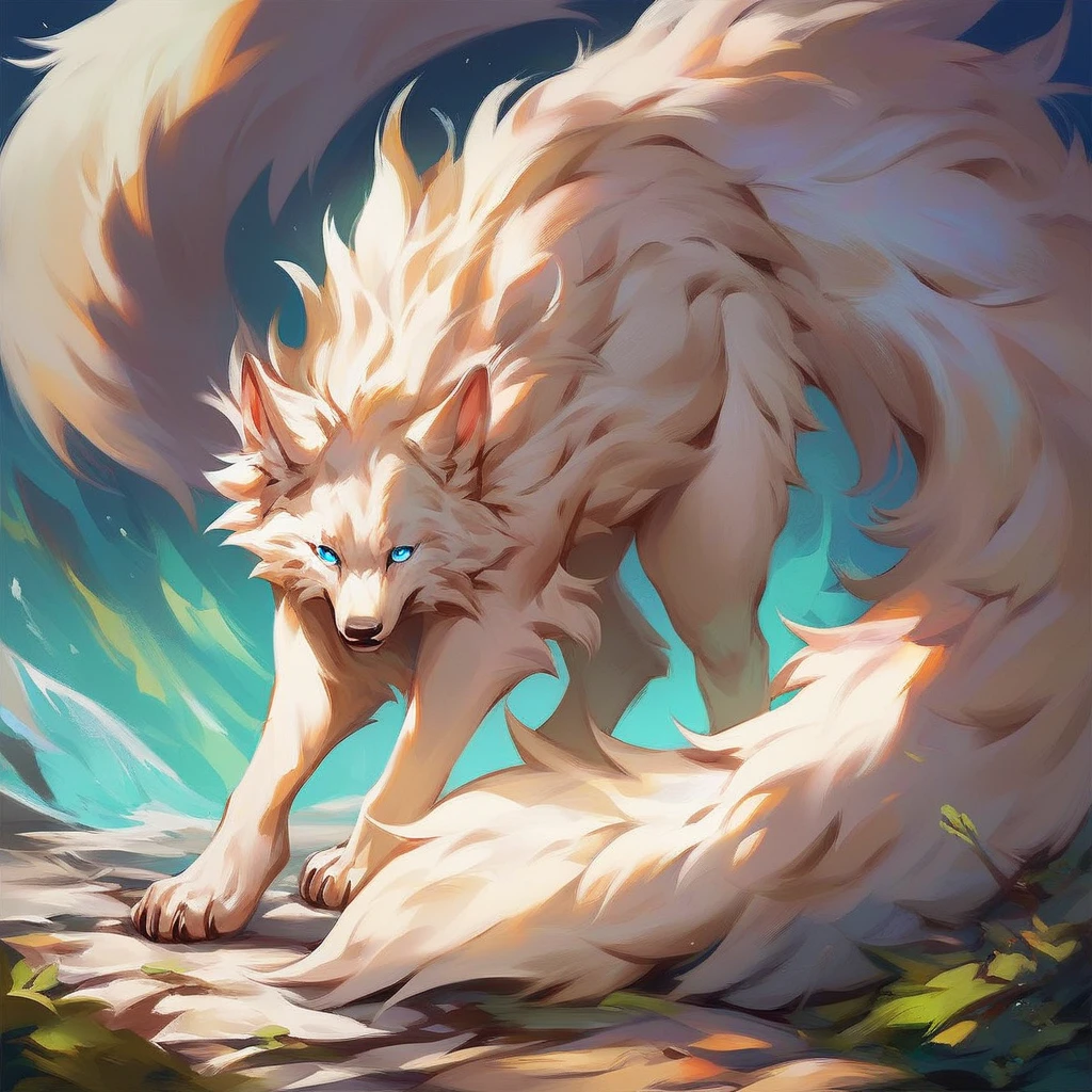 Nine-tailed white fox,Cute and cute,k hd,High mountains in the background,with blue sky and white clouds,dream magical