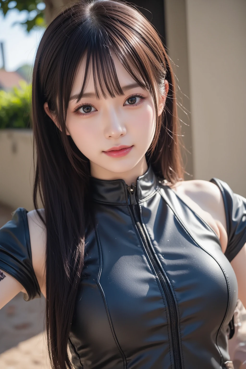 18-year-old schoolgirl, cute schoolgirl, beautiful girl, delicate and beautiful girl, delicate facial features, long-range portrait, 8K picture quality, extreme detail, detail portrayal, messy hair, (cute bangs), ponytail, flowing hair, black hair, slim face, perfect proportioned body, slim body, realism, super high resolution, master work 1, real texture, movie lighting realism, facial features, supple lips, ((pure desire makeup)), pure girl, first love, first love, shyness, Blush, shyness, innocent expression, summer, outdoors, ((street reality)), gaze at the camera, look at the viewer, (turtleneck sleeveless crop top), ((pink), leather wrapping, (huge breasts), sleeveless