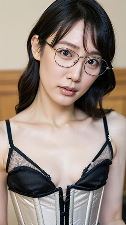 sexy lingerie, lace bra, mischievous smile, glasses