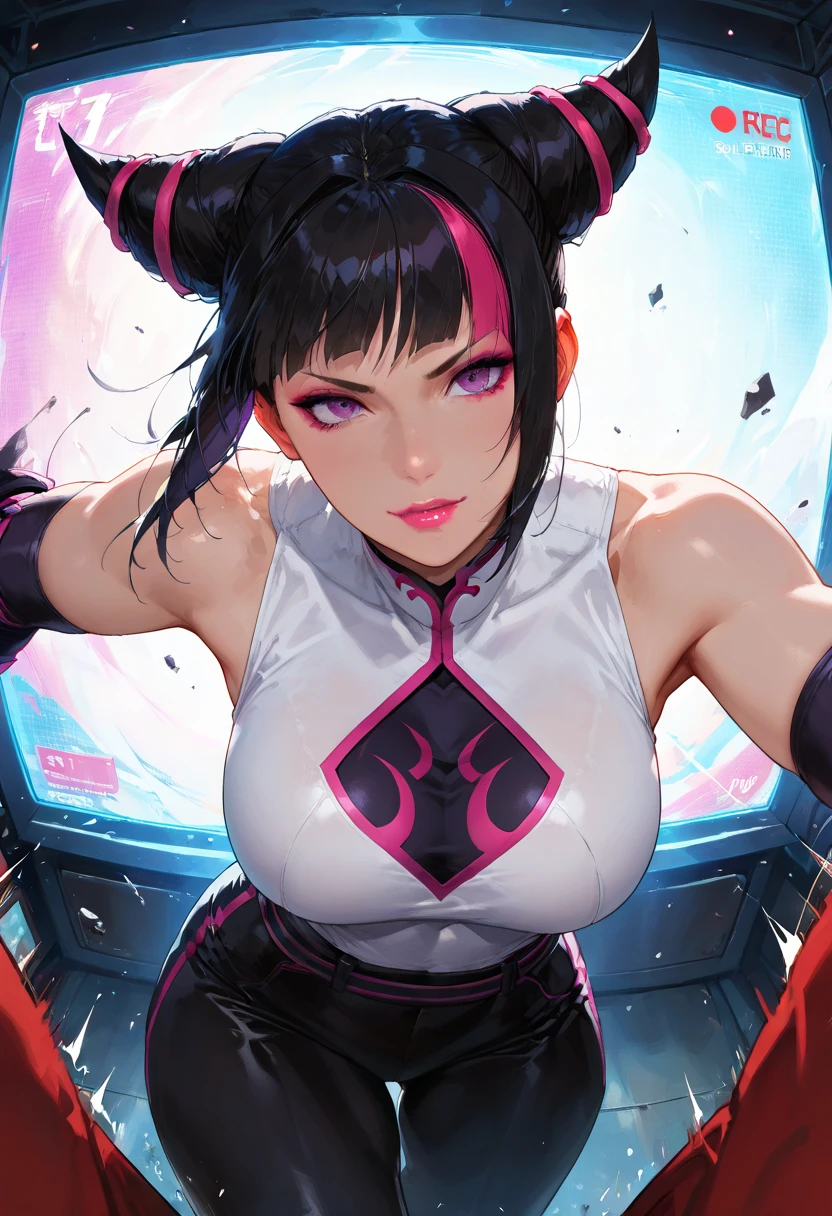 4K, A high resolution, Best quality at best, masterpiece, perfect colors, perfect shadow, perfect litthing, ((sportrait)), 1woman, fit body, heterochromia eyes,dark blue hair , blue eyes, With round lenses, The audience watched carefully, (s face: 1.2), Perfect female figure, ((standing dynamic pose)), ((pink sport bras, half breast open, pink leather suit)), ((shy and looking at viewert)), (Perfect thick white eyebrows) Delicate fur, 详细s face, s the perfect face, , (dynamic pose),retro arcade game center background, ((Bonifasko lighting)), (The round lenses on his eyes)(詳細な目), Perfect student,