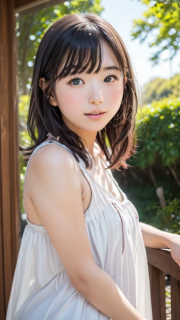 (Best-quality, Masterpiece, Ultra-High-Resolution, (Photorealistic:1.9), Raw Photo, depth of field, professional lighting, perfect anatomy, extremely details), from above, 1girl, 15-years-old, the most famous Japanese idol, Sunny day, at noon, In summer park, (sitting on grass), ((wearing casual-dress with cute-design)), (extremely beautiful cute like the most popular Japanese idol, (extremely cute and extremely big eyes), extremely beautiful realistic-skins), extremely beautiful hair, extremely cute long-eyelashes, extremely cute lips, looking at viewer, innocent smile