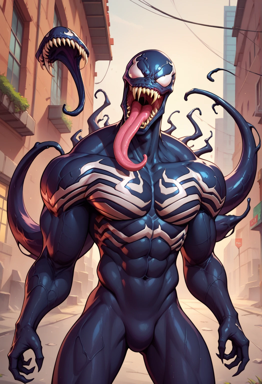 Overly muscular adult Venom wearing a wet black thong flexing his muscles having a seductive and self-confident look
