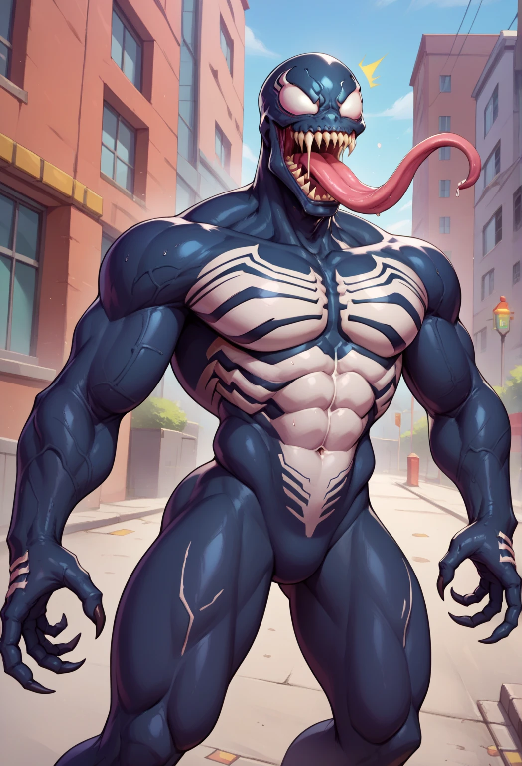 Overly muscular adult venom shark wearing a wet black thong flexing its muscles having a seductive look and self-confident on the beach held by tentacles 