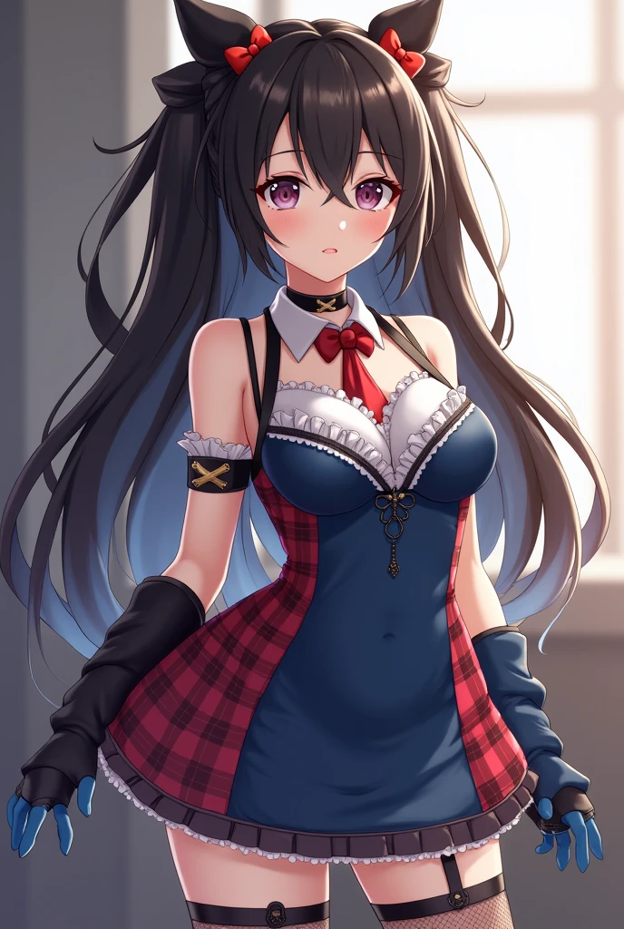 asanagi,1girl, bache \(azur lane\), cowboy shot, full body,hands on hips, (smug:1.3),(open mouth:1.3),from above,fishnet thighhighs, single thighhigh,smirk, mesugaki,heart-shaped pupils, wavy mouth, fangs, :3, simple background,