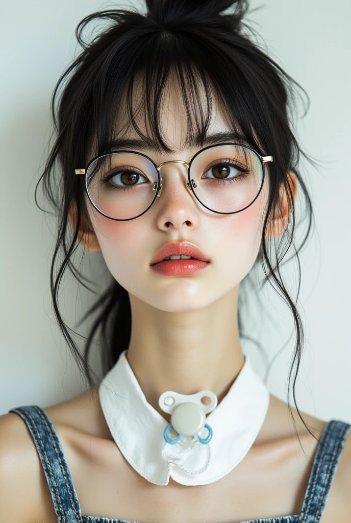 ((Highest Quality、masterpiece、high sensitivity、high definition、detailed depiction、depicting a delicate face、Fvalue:6.0),((Slender Woman、wearing glasses)),bib、baby's pacifier