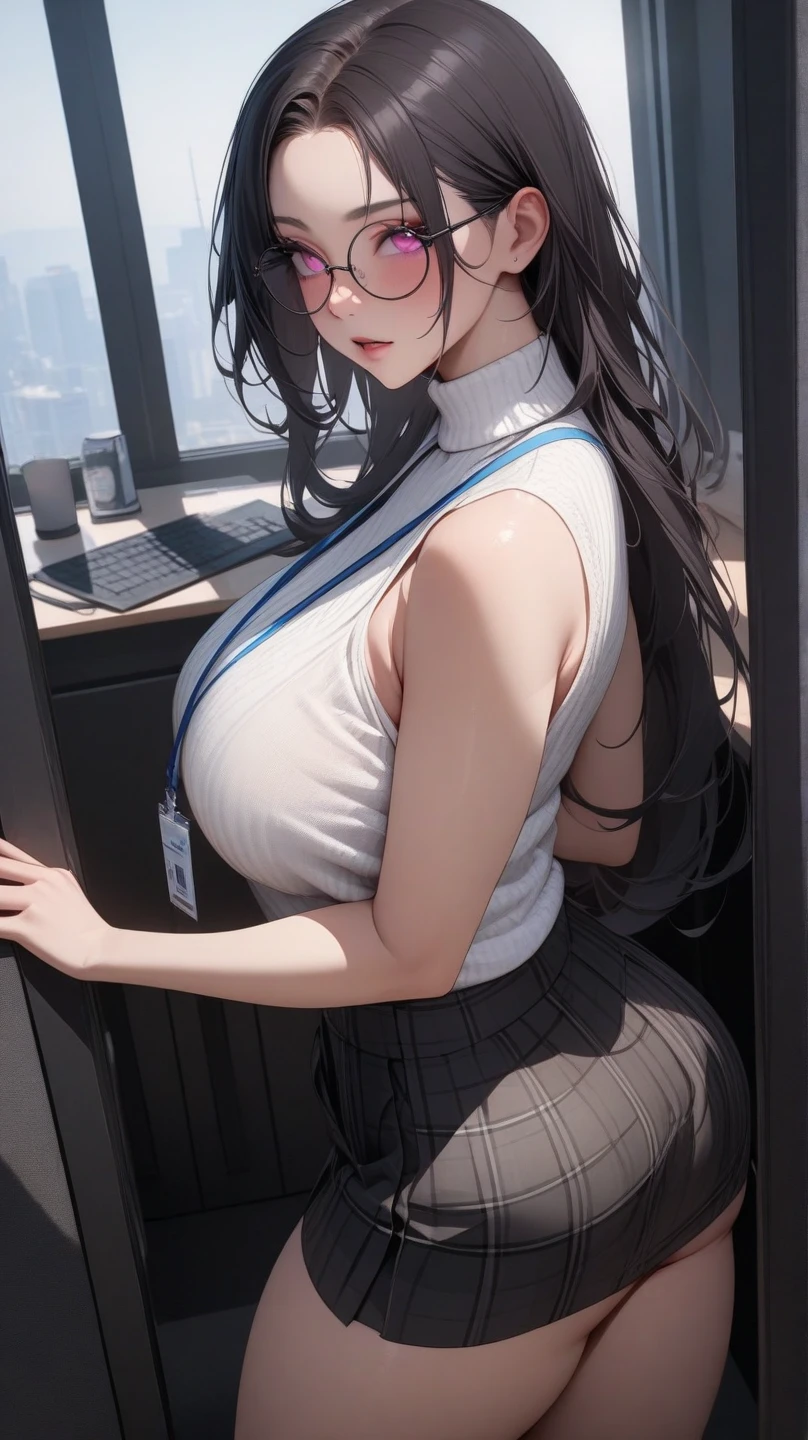 ((Straight, shoulder-length black hair,Shiny hair))、(((目が細くLight eye makeup)))、(()), (Random, Shy pose)), (()), Half Japanese and half Korean、23-year-old woman, cute, beautiful, fun, (((Embarrassing, blush))),  Light eye makeup, Brown Hair Color, (natural large breasts:1.4),cleavage, Average pretty woman, Ultra-realistic faces, Smiling expression, 詳細なShiny hair, Beautiful Hair,Soothing lighting effects, Ultra-Realistic Capture, Very detailed, High resolution, 16K, Human skin close up、((Natural skin texture, Detailed skin, Healthy Skin)), Even Tone, Natural light, Natural colors, High quality photos taken by modeling agencies, ((cowboy shot)), (To the audience), ((Office, company)), ((At work, meeting), ((())), ((leaning on the Office desk)), ((cute, natural color , Random color, cute  shirt:1.3))), Knitted bra, mini  skirt, Casual clothing,Seductive pose, foolishness,

