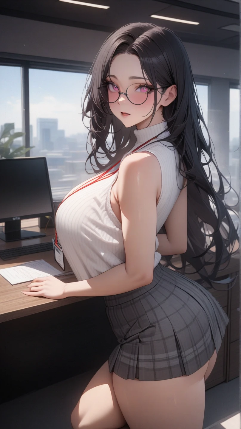 shenhe, 1girll, 独奏, ((white shirt)), black thighhigns, Giant breasts,, 校服, office backdrop, a black skirt, pleatedskirt, office room, hair between eye, hair adornments,big cleavage breasts, long whitr hair, looking at viewert, silber hair, braidedhair, silver short nails, Silver eyes, 独奏, Thighs, Thighs, upper legs, long whitr hair, ((tmasterpiece)), Sat down, a chair, Study desk, Computer on the desk, name badge, ID tags, inside in room, Be red in the face,A sexy pose,sensual breasts,The white shirt is separated by the breasts ,The white shirt cracked,breasts out,Black heels,blacksilk,Black lace panties,Superskirt,Black lace lumbar pads,black lace bras,Black bracers,Black lace breast,Black hip skirt --auto
