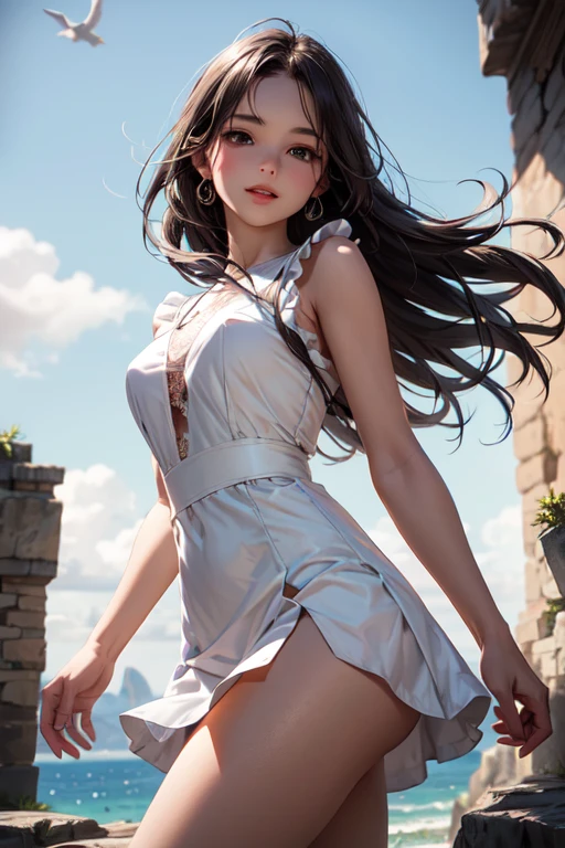 ((Girl standing in front of the wall of an old castle))、Fluorescent color、1 Girl、Look to the side、Beautiful Face、Beautiful Eyes、（Off the shoulder：1.2）、Upper Body、Shiny Hair、Glowing Skin、 Reduce glare、Adjusted finger proportions、escrow、ass pov、Dynamic Angle、(((Master Parts)))、(((Highest quality)))、(((Super-detailed))) detailed）、（An illustration）、（Detailed light）、（Very delicate and beautiful）、dramatic_Shadow、Ray_Tracking、reflection、 Ultra-high resolution、((Colorful and black hair mesh girls))、 Her hair flutters in the wind、(big deep blue eyes)、Black-haired woman、 Sparkling butterfly、Black-haired woman、Points of light around the woman、Magical Aura、Green dot、About Auras Nature、超Magical AuraBlack-haired woman,((Off the shoulder semi-transparent white dress:1.3))、(Sleeveless)、((My skirt is flying up in the wind)),((An old European castle looms in the distance)),((White panties are visible)),