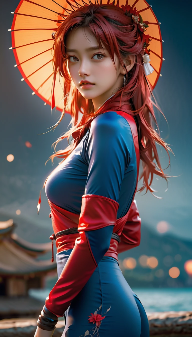 A sexy, sensual, erotic, small-breasted, young woman with striking red hair and a deep, captivating gaze, looking directly into the camera. She is adorned in a unique combination of plunging Buddhist robes, samurai armor and futuristic robotic elements. The primary colors of their clothing are orange and blue, carefully selected for their complementary nature, ensuring a harmonious and balanced aesthetic.