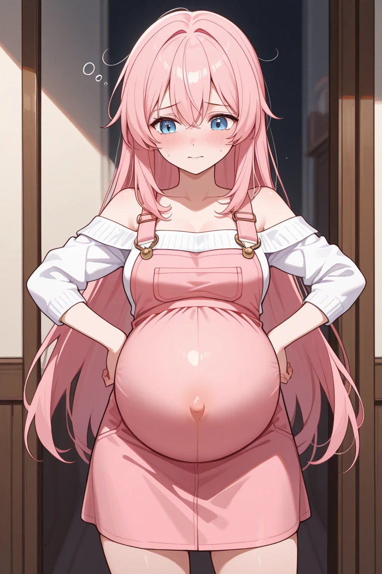 One Girl, alone, chika, blue eyes, Pink Hair, Hair Ribbon, Bedroom、Large Breasts、Cleavage、Camisole long maxi dress、Troubled face、Half-closed eyes、Sweat、In the heat、Are standing、Pregnant women、Touching your belly with your hands