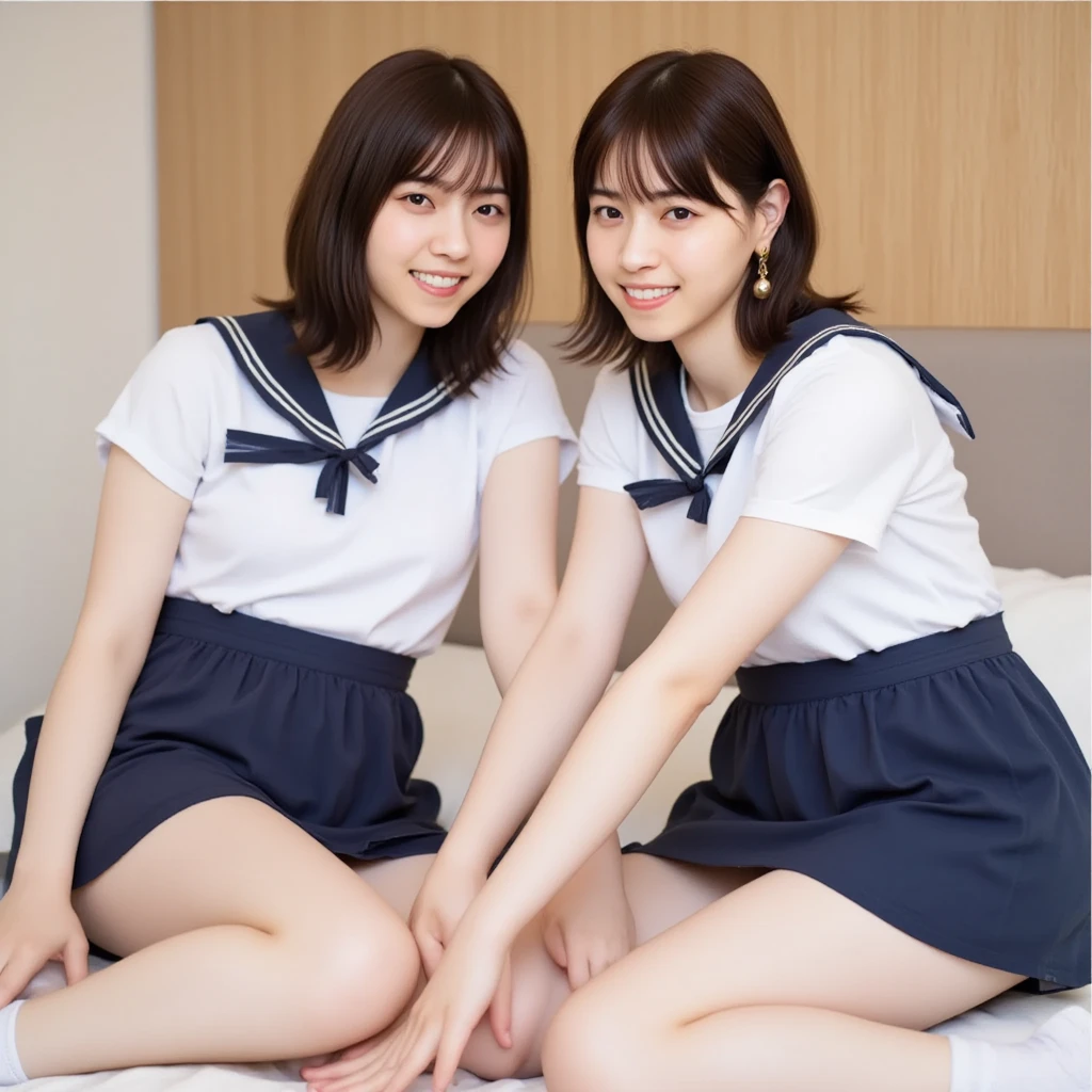 (8k, RAW photo, top quality, masterpiece: 1.2), super detail, super resolution, (realistic, real photo: 1.37), distant camera, high resolution RAW color photo, real human, feminine gesture, highlight beautiful legs, very realistic, super high quality, 8k wallpaper, amazing details, correct human structure, human body based on anatomy, very detailed beautiful girl, very detailed face very detailed eyes, very realistic skin, very detailed fingers, highly detailed nose, very detailed mouth, very delicate limbs,anatomical body perfect anatomy, very detailed background, highly detailed clothes, teen, pretty girl, famous Japan idol, cute, realistic body, slender, white skin, glowing skin, slim body, long straight hair, (dull bangs:1.2), realistic face, delicate eyes, double eyelids, sailor suit, on the train after school, beautiful and thin legs, shooting from a distance, sitting on a train chair, crossing legs while sitting, high school girl leaning on a train chair, angel smile, the cutest face in the world, human style, faithful to human structure, frolicking female proofreading, high school girl daily life, chatting happily with friends, red ribbon, sexy legs, emphasizing femininity, Blue Che skirt, delicate skirt, leg stretching, beautiful and elongated legs, elongated beautiful legs, accurate anatomy, sexy, very embarrassing figure, short skirt, very elaborate limbs, perfect anatomy, lesbian, kiss, human skin feeling, human hands, limbs faithful to the human body