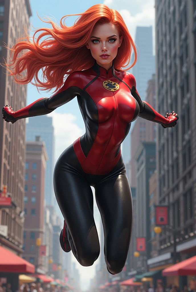 (best quality,hyper realistic,ultra-detailed,vivid colors:1.2), Mary Jane as Spiderwoman,full body shot,sexy pose,seductive,warm colors,eye-catching lighting,detailed hair and features,leaf motifs,vibrant red hair,enticing expression,feminine curves,varied textures,dynamic composition,alluring costume,dangerous beauty,dramatic shadows,high contrast, entangled in a spider web