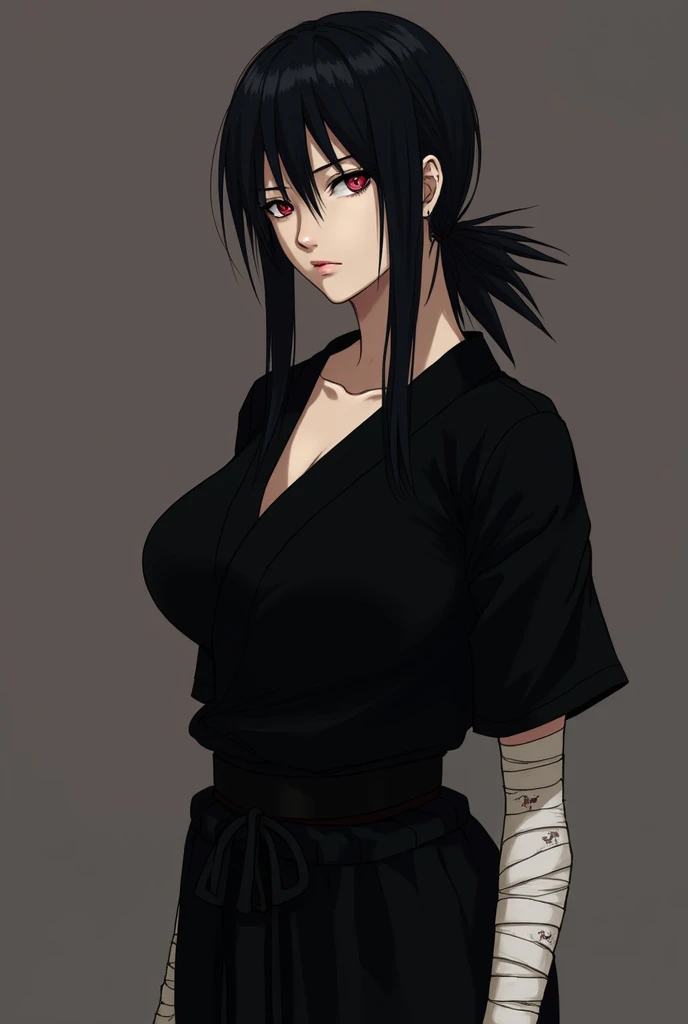tmasterpiece, Best quality at best, 1girll,(waistup:1.5) ,sasuke, Large breasts,(upperbody closeup),Raised sexy,is shy,ssmile,Black hair, (Black eyeballs:1.4), exteriors