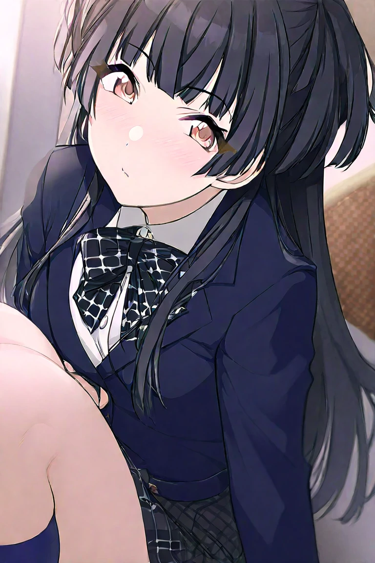 Highest quality, Soft Light, Ultra-high resolution,People Girls, alone, sexy, (Ecstatic face), (Purple eyes), Beautiful face in every detail,(High resolution detail of human skin texture), (Black long hair), break,bra,Blazer uniform,Pleated skirt,(Fellatio gestures:1.2), (Open your mouth:1.2),tongue,(Sweat:1.5),Sigh,Crossing your legs,Saliva dripping from the mouth,Spread your legs,My leg is being grabbed,(After Sex:1.3),Half-naked