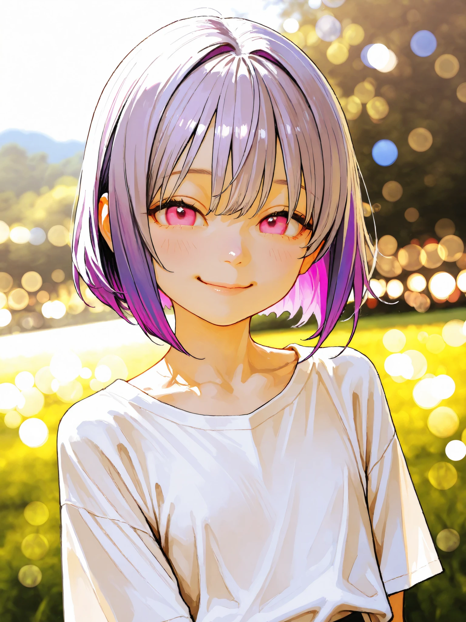 short girl, 1 girl,is young, flat chested,realisticな外観, big pink eyes, short bob、Gradation color purple hair and gray hair、plain shirt、I can see my chest、sit、kind smile、Outdoors、細部にこだわったrealisticな影、movie stills, real、Highest Quality, realistic, 4K Rendering, ultra-fine texture, Professional , bright color, Bokeh